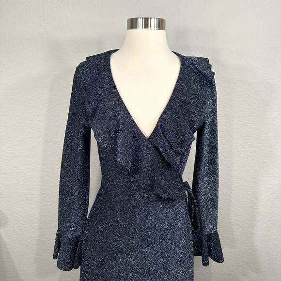 Free People One More Time Lurex Wrap Dress in Navy - Picture 5 of 15